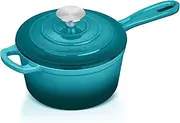 Enameled Cast Iron Sauce Pan with Lid, Leonyo 1 Quart Saucepan with Lid, Small Enamel Cast Iron Dutch Oven Kitchen Cookware for All Cooktops Making Pasta Sauce, Soup, Milk - Up to 500°F & Lake Green