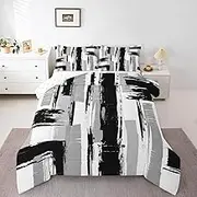 Feelyou Grey and Black Geometric Comforter Set for Kids Boys Girls Modern Abstract Art Duvet Quilt Queen Size Stripe Line Geometry Striped Bedding Set Bedroom Decor Soft Lightweight 3Pcs