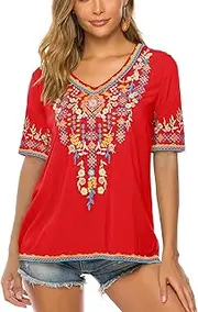 [gosiea] Women's Summer Embroidery Mexican Bohemian Cotton Tops Shirt Tunic Blouses