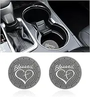 2PCS Car Cup Holder Coaster, 2.76 Inch Blessed Cross and Heart Christian Drink Mat, Soft PVC Non-Slip Shockproof Insert Cup Coaster for Women Girls, Interior Car Accessories (Gray)