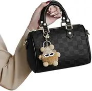 [Generic] Luxury Checkered Mini Handbag with Adjustable Strap, Black Full Gain Leather, Gold Hardware