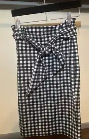 Anthropologie Maeve Black White Pull on Gingham Skirt Sz Sm front Tie Bow babydo