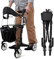 AMiNA Lightweight Carbon Fiber Rollator Walker with Seat, 440 lbs Capacity, Foldable Design, and Removable Basket – Stylish and Durable Mobility Aid (Black)
