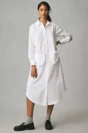 Anthropologie Maeve Long-Sleeve Midi Shirt Dress White Button Front Size Small