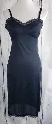 VTG Nancy King Lingerie Dress Full Slip Lace Nylon Adjustable 2126 Black Size 34