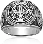 [Generic] 925 Sterling Silver Saint St Benedict Medal Cross Crucifix Signet of Exorcism Christian Ring