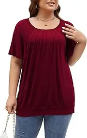 [Xlndsoea] Womens Plus Size Tunic Tops Pleated Front Round Neck T-Shirts Casual Loose Blouses Ruffle Short Sleeve