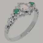 Solid 10k White Gold Natural Opal & Emerald Womens Trilogy Ring - Sizes 4 to 12