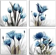 4 Pcs Flower Canvas Prints Wall Art Decor, 12 x 12 Inch 4 Panels Blue Elegant Tulip Artwork Simple Life Picture for Living Room Bedroom Home Salon SPA Wall Decoration