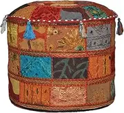 Cover Cushion for Stool Indian Vintage Ottoman Embellished with Embroidery & Patchwork (46x33 cm)