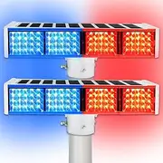 Solar Strobe Warning Light,LED Warning Bright Red & Blue Light Flashing IP65,Double-Sided Security Lights 160LEDs 2 Modes Battery 5A 6V for Construction Traffic Safety Sign Driveways Dock (2 PCS)