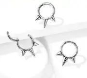 PAIR 16G 3/8" Triple Spikes Ear Hoop Segment Clicker Steel Earring Hinged Rings