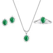 Emerald & Diamond Pendant, Earrings & Ring Matching Set in 14K White Gold