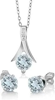 [Gem Stone King] 925 Sterling Silver Aquamarine Pendant and Earrings Set For Women (2.25 Ct Round with 18 Inch Silver Chain)