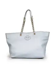 Blue Leather Logo Tote Bag
