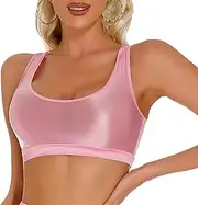 [KEOYA] Women's Shiny Oil Glossy Bra Seamless Smooth Racerback Crop Tank Top Sexy Shimmery Bra for Party Club Workout