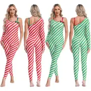 Women Christmas Jumpsuit Xmas Candy Cane Costume Striped Full Bodysuit Unitards