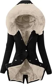 [Qolkmuiy-GJ] Women Faux Fur Hooded Jackets Winter Fleece Lined Medium Length Parka Coat Fuzzy Thicken Plush Collar Zip Outwear