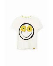 Desigual Sunflower Smiley Face Tee Short Sleeve Crew Neck Women White Shirts