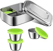 Suttmin 4 Pcs Stainless Steel Bento Box Set, Lunch Containers 3 Sections Portion Control Containers 3 Pcs Mini Stackable Condiment Containers for Lunch Box (Green,7.87 x 6.1 x 2.64 Inch)