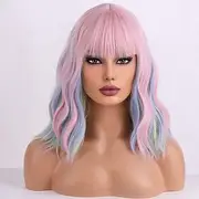 Wig Short Bob Wig Short Curly Wavy Hair Wig With Bangs Wig for Women Girls Wig Heat Resistant Synthetic Hair Wigs for Daily Use Cosplay Wig With Wig Cap