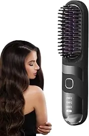 Small Hair Straightener - Wireless Curler Brush - 2-in-1 Portable Cordless Hair Straightener Brush with 3 Adjustable Temperature