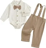 [Karuedoo] Newborn Infant Baby Boy Clothes Cotton Linen Button Up Long Sleeve Bowtie Dress Shirt Romper Suspender Pants Set