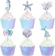 WELANE Mermaid Cupcake Toppers, 48 PCS Glitter Mermaid Cake Decorations for Party Supplies (8 Styles)