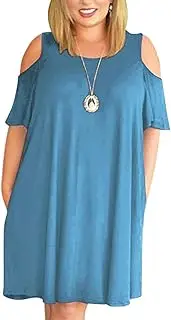 [Nemidor] Women's Cold Shoulder Plus Size Casual T-Shirt Swing Dress with Pockets (28, Sky Blue)