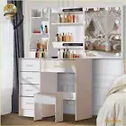 Dressing Table Stool Set With LED Makeup Mirror 6 Drawers 6 Shelves Vanity Desk