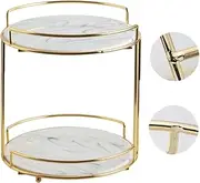 LeoLeoxx 2 Tier Marble Cosmetic Tray, Dessert Cupcake Stand, Jewelry Tree Stand, Polished Gold Metal Handle (a,A)
