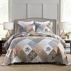 Brown Blue Floral Patchwork 3 pc Quilt Coverlet Set Full Queen King Bed Country