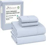 RUVANTI 100% Organic Cotton Sheets Queen Size Set, 4 Pieces, Soft & Breathable Percale Weave Bedding, Deep Pocket 16" Hotel Standard, Crisp Cool Feeling, Durable, Dyed Sheet, Arctic Ice
