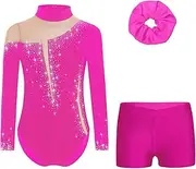 [Kvysinly] Kids Girls Sparkly Long Sleeve Gymnastics Leotard Jumpsuit Bodysuit Biketard With Dance Shorts Hair Band Set