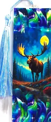 AN ALASKIN NIGHT, MOOSE,MOON, FOREST, AURORA BOREALIS-UNIQUE Exquisite Bookmarks