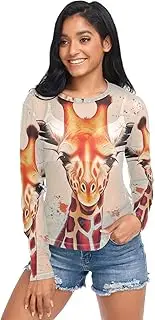[RPLIFE] Watercolor Giraffe Long Sleeve Fishnet Top, Party Shirts for Women Elegant S-XXL
