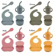Baby Weaning Set Silicone Suction Child Toddler Feeding Bib Bowl Spoon Sippy Cup