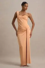 Erminia | Peach One-Shoulder Twist Wrap Maxi Dress