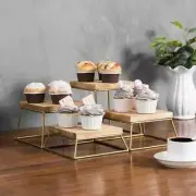 Burnt Wood & Gold Metal Square Cake Dessert Display Risers/Pizza Stands,Set of 4