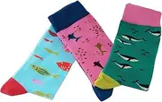 [Doris & Dude] Women Ladies Bamboo Organic Crew Socks 3 Pair Gift Pack Med 3-7 Fish Shark Whale Colourful Soft Durable Sustainable Smooth Toe Breathable, Multicoloured, 3-7
