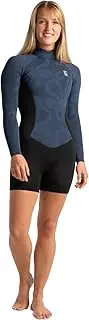 2023 C-Skins Womens Solace 3/2mm Long Sleeve Back Zip Shorty Wetsuit - Black Bluestone Tropical Saffron