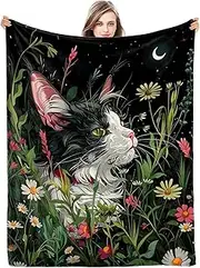 Naniopick Cat Blanket Floral Flannel Bed Blanket for Kids Baby Girls Boys Moon Throw Blanket Gifts Cat Print Blanket Fluffy Blanket for Bedroom Birthday Christmas Easter, 50"x60"