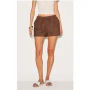 Dark Chocolate Cotton Linen Look Drawstring Floaty Shorts, Dark Chocolate