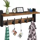 Coat Hooks with Shelf Wall Mounted,Rustic Wood Entryway Shelf with 5 Metal Hooks