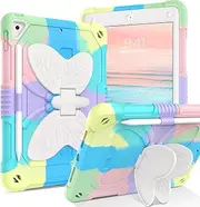 GUAGUA Kids Case for iPad 9.7-Inch (2018-2017 Model,6th/5th Gen.) [Heavy Duty Shockproof] iPad Pro 9.7 Case with Butterfly Stand iPad Air 2 Case Childproof with Pencil Holder Boys Girls,Colorful