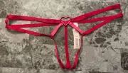 VICTORIA'S SECRET RED PINK STRAPPY HEART HARDWARE CROTCHLESS V STRING PANTIES