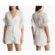 In Bloom by Jonquil Faux Fur Trim Chiffon Robe Wrap, White, Medium/Large NWT