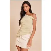 Clay Ruched Detail Asymmetric Slinky Long Top, Clay