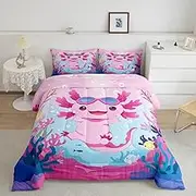 Feelyou Cute Axolotl Comforter Set Ocean Animal Full Size Bedding Set for Kids Boys Girls Cartoon Salamander Comforter Soft Microfiber