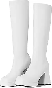 [Kalstage] Knee High Boots for Women Square Toe Chunky High Heels Leather Strtetch GoGo Boots Side Zipper Mid Calf Boots Platform Boots